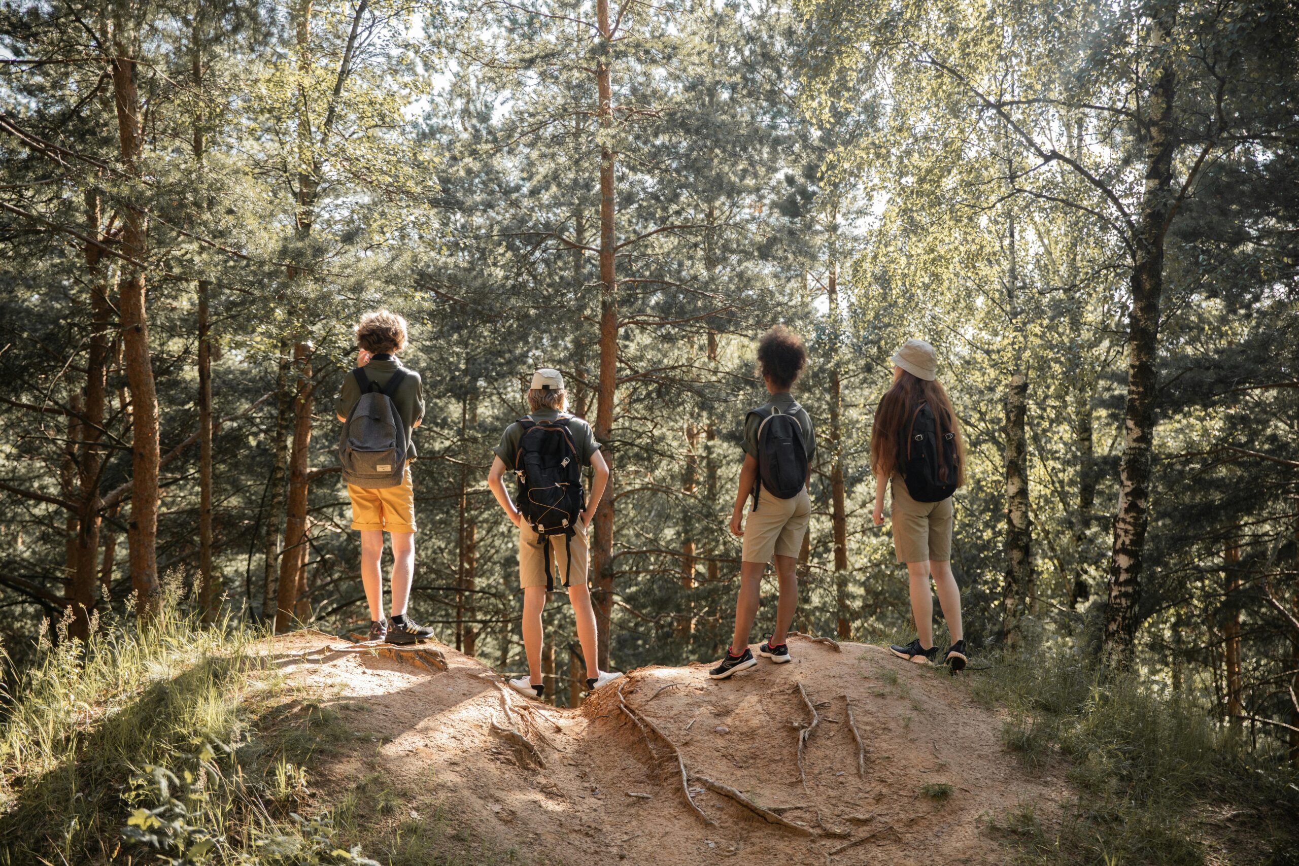 Four teenagers stand on a wooded hilltop, backpacks ready for adventure.
